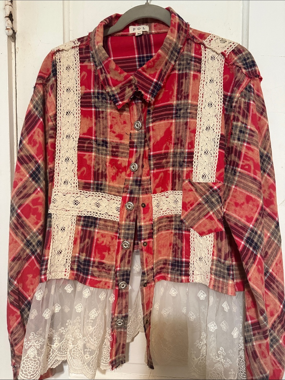 POL Red Plaid Lace-Trim Flannel Jacket